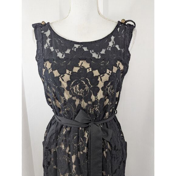 MONTEAU, LOS ANGELES! BLACK OVER CREAM STRETCH LACE POCKET DRESS! SZ M - Picture 3 of 8